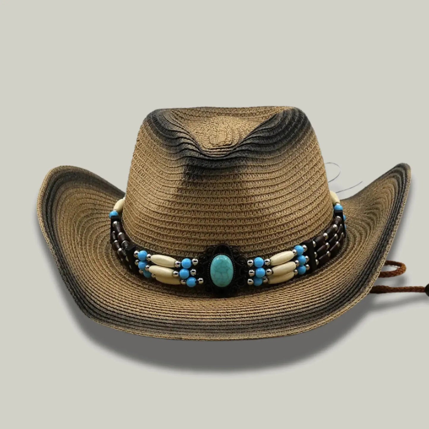 Chapeau Cowboy Femme Paille Naturelle Bandeau Perles Turquoise Maison Shelby