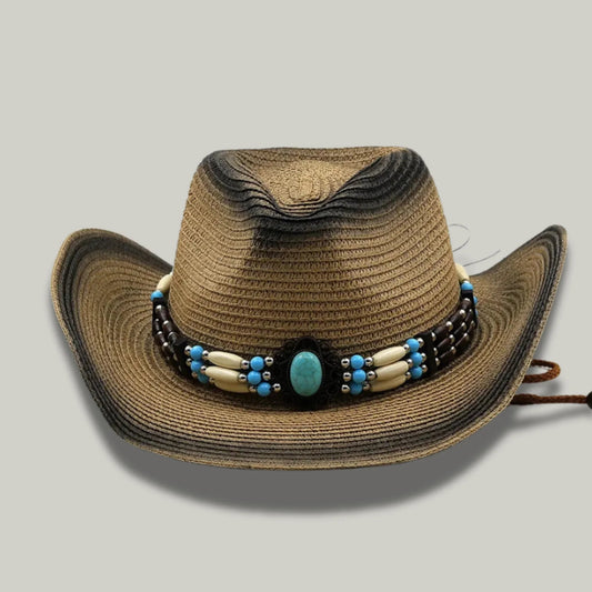 Chapeau Cowboy Femme Paille Naturelle Bandeau Perles Turquoise