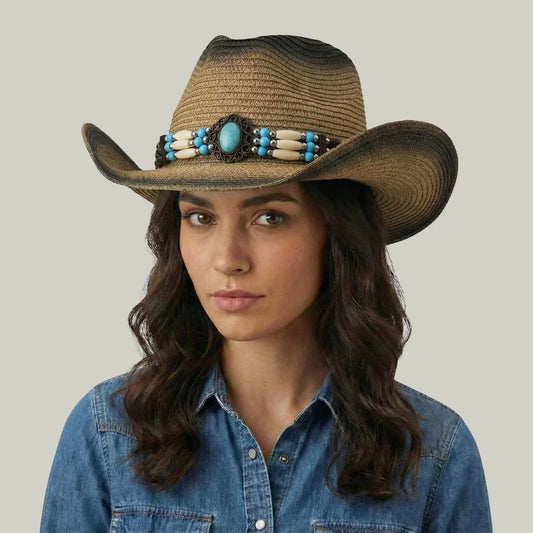 Chapeau Cowboy Femme Paille Naturelle Bandeau Perles Turquoise Maison Shelby