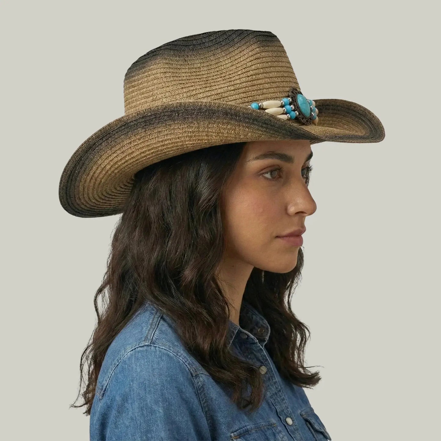 Chapeau Cowboy Femme Paille Naturelle Bandeau Perles Turquoise Maison Shelby