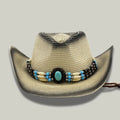 Chapeau Cowboy Femme Paille Ombrée Bandeau Perles Turquoise