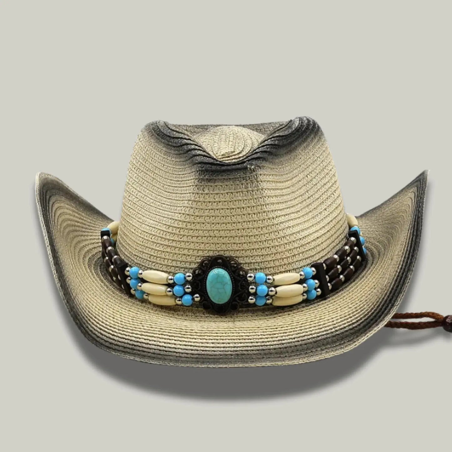 Chapeau Cowboy Femme Paille Ombrée Bandeau Perles Turquoise Maison Shelby
