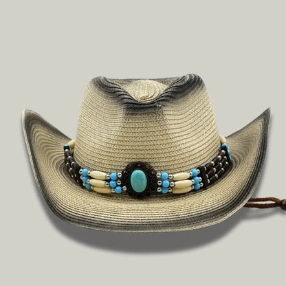 Chapeau Cowboy Femme Paille Ombrée Bandeau Perles Turquoise Maison Shelby