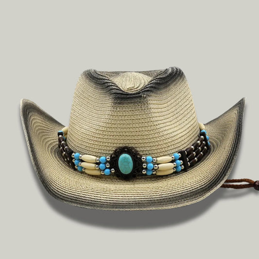 Chapeau Cowboy Femme Paille Ombrée Bandeau Perles Turquoise