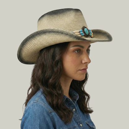 Chapeau Cowboy Femme Paille Ombrée Bandeau Perles Turquoise Maison Shelby