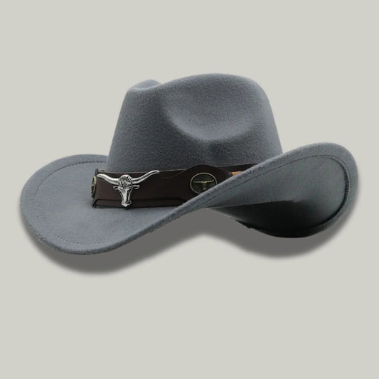 Chapeau Cowboy Gris Mixte Feutre Bandeau Taureau Cuir