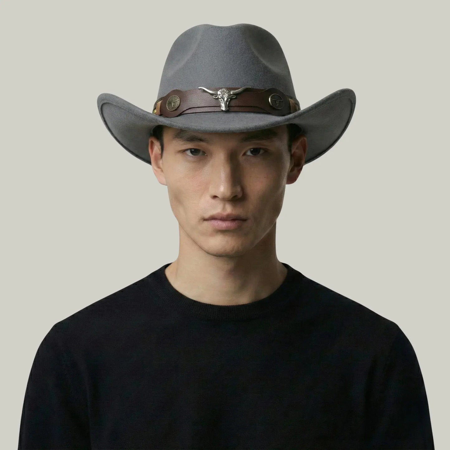Chapeau Cowboy Gris Mixte Feutre Bandeau Taureau Cuir Maison Shelby