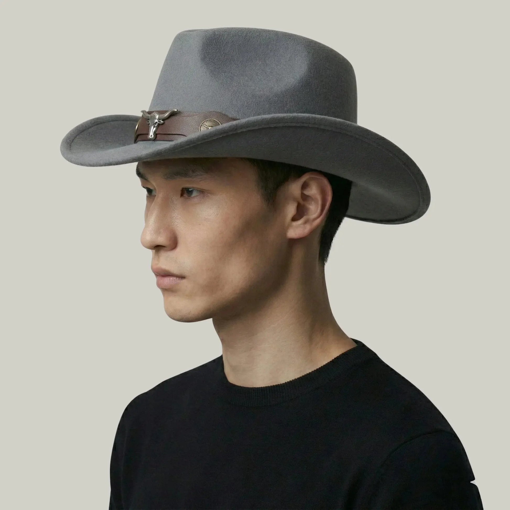 Chapeau Cowboy Gris Mixte Feutre Bandeau Taureau Cuir Maison Shelby
