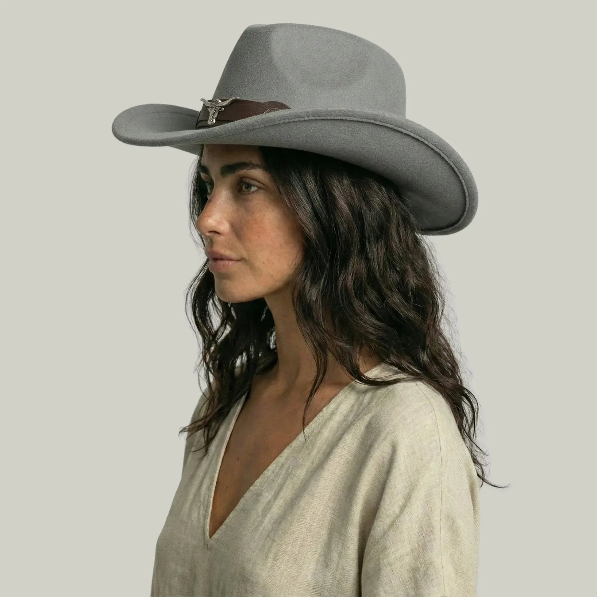 Chapeau Cowboy Gris Mixte Feutre Bandeau Taureau Cuir Maison Shelby