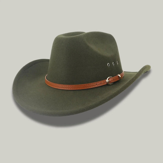 Chapeau Cowboy Kaki Homme Feutre Bandeau Cuir Cognac