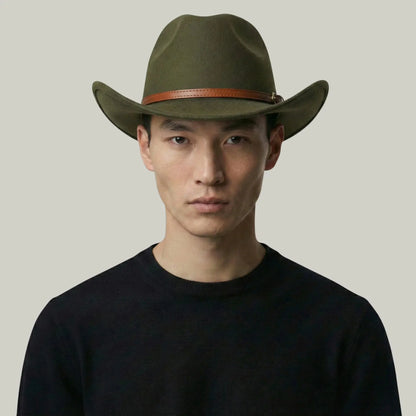 Chapeau Cowboy Kaki Homme Feutre Bandeau Cuir Cognac Maison Shelby