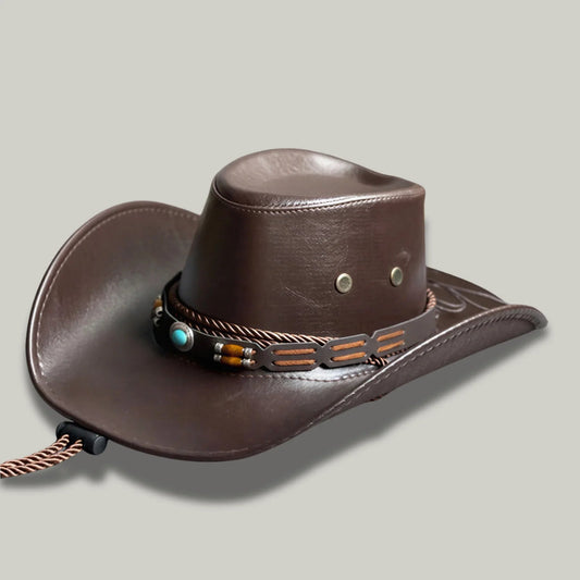 Chapeau Cowboy Marron Mixte Cuir Perles Turquoise
