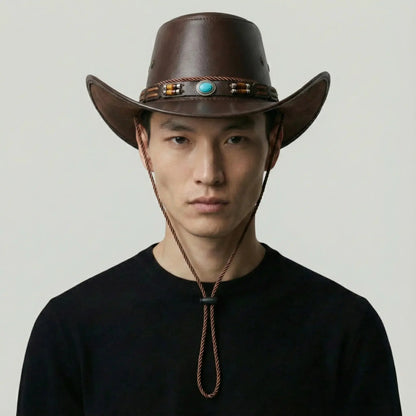 Chapeau Cowboy Marron Mixte Cuir Perles Turquoise Maison Shelby