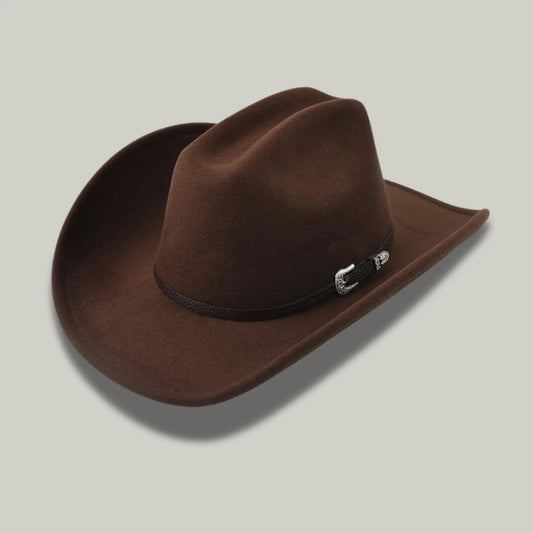 Chapeau Cowboy Marron Mixte Feutre Boucle Argentée