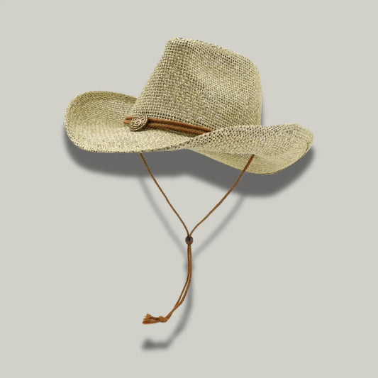 Chapeau Cowboy Mixte Paille Naturelle Bandeau Cuir Cordelière