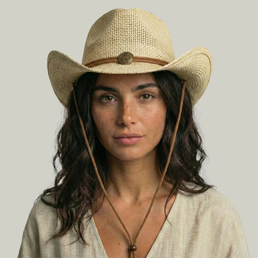 Chapeau Cowboy Mixte Paille Naturelle Bandeau Cuir Cordelière Maison Shelby