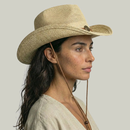 Chapeau Cowboy Mixte Paille Naturelle Bandeau Cuir Cordelière Maison Shelby