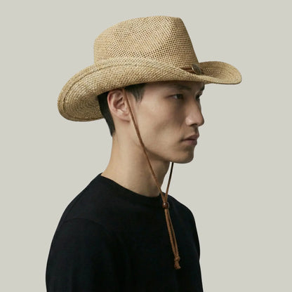 Chapeau Cowboy Mixte Paille Naturelle Bandeau Cuir Cordelière Maison Shelby