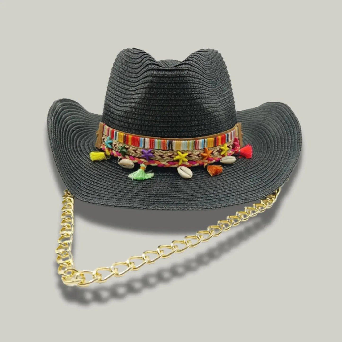 Chapeau Cowboy Noir Femme Paille Bandeau Brodé Chaîne Maison Shelby
