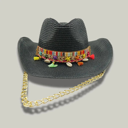 Chapeau Cowboy Noir Femme Paille Bandeau Brodé Chaîne Maison Shelby