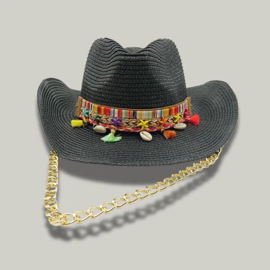 Chapeau Cowboy Noir Femme Paille Bandeau Brodé Chaîne