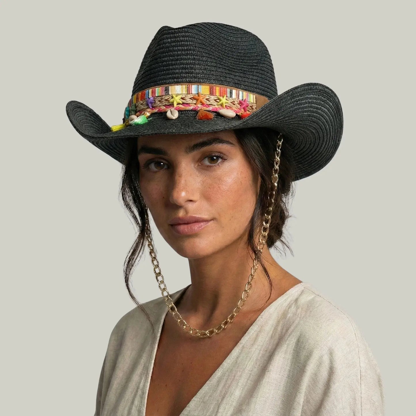 Chapeau Cowboy Noir Femme Paille Bandeau Brodé Chaîne Maison Shelby