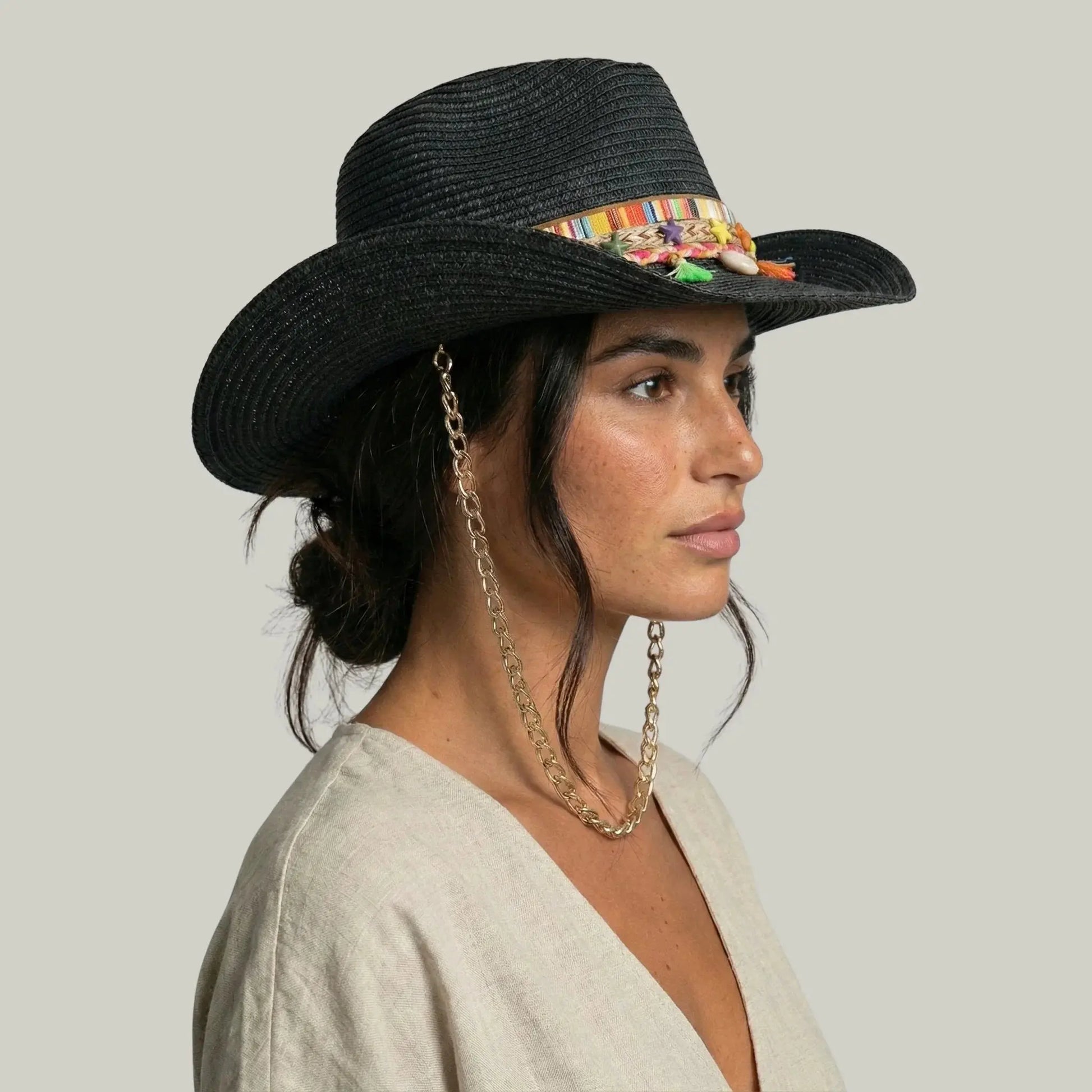 Chapeau Cowboy Noir Femme Paille Bandeau Brodé Chaîne Maison Shelby