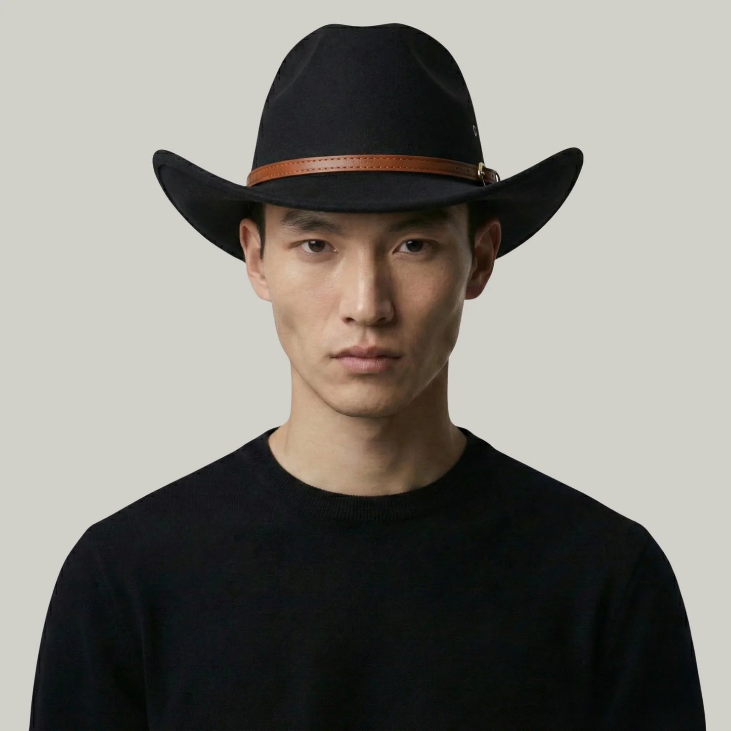 Chapeau Cowboy Noir Homme Feutre Bandeau Cuir Cognac