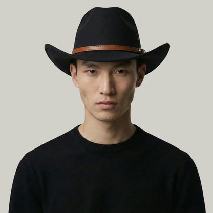 Chapeau Cowboy Noir Homme Feutre Bandeau Cuir Cognac