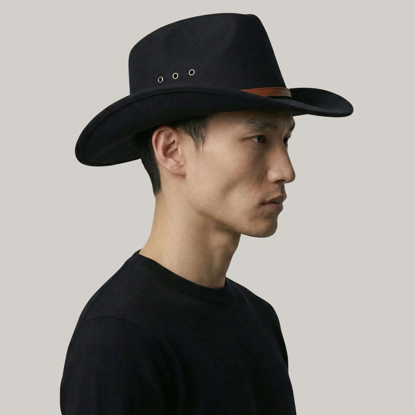 Chapeau Cowboy Noir Homme Feutre Bandeau Cuir Cognac