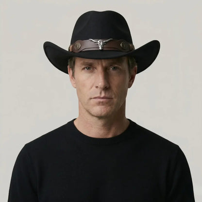Chapeau Cowboy Noir Mixte Bandeau Taureau Cuir Maison Shelby
