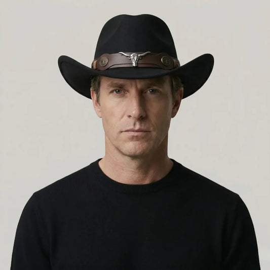 Chapeau Cowboy Noir Mixte Bandeau Taureau Cuir Maison Shelby