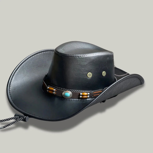 Chapeau Cowboy Noir Mixte Cuir Perles Turquoise