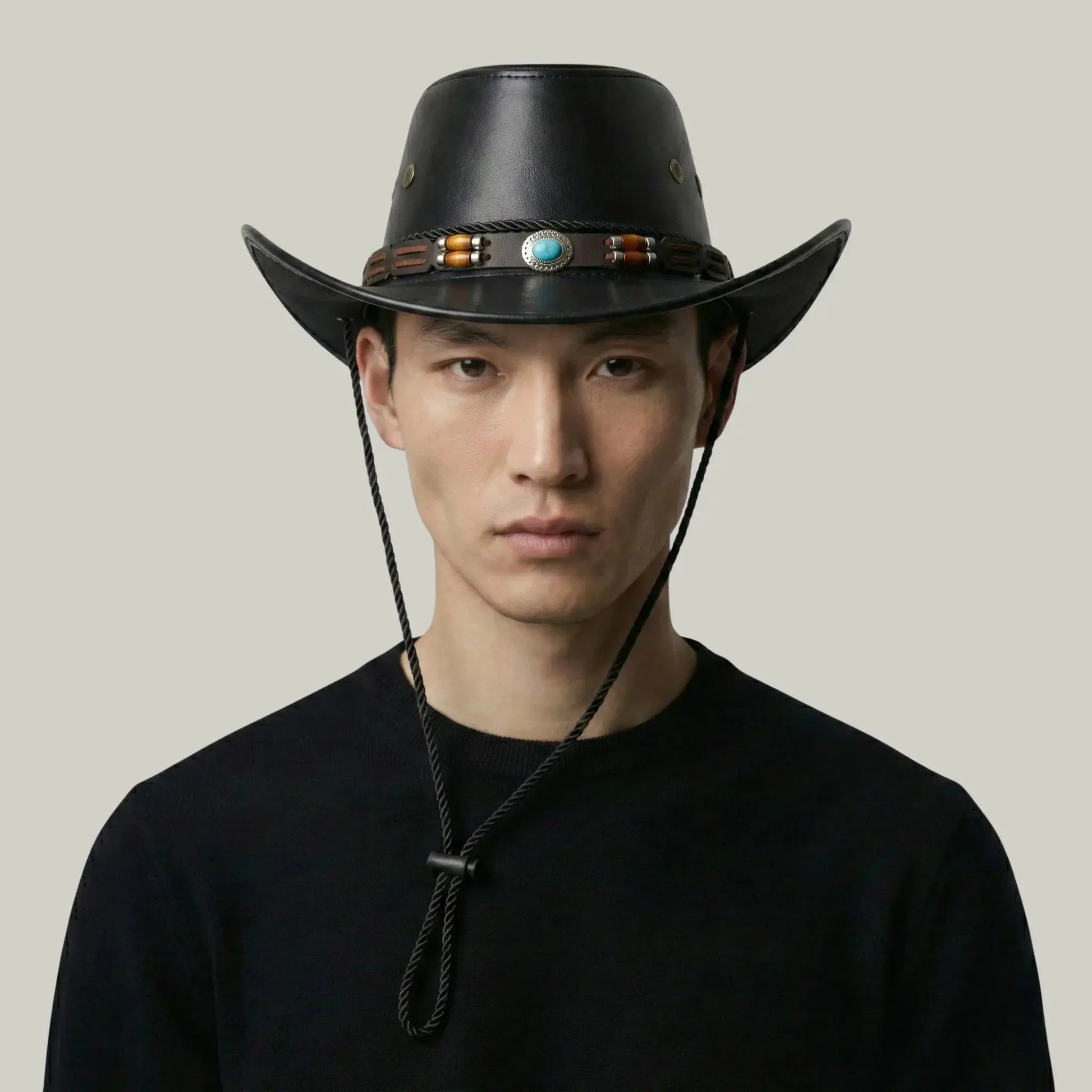Chapeau Cowboy Noir Mixte Cuir Perles Turquoise Maison Shelby