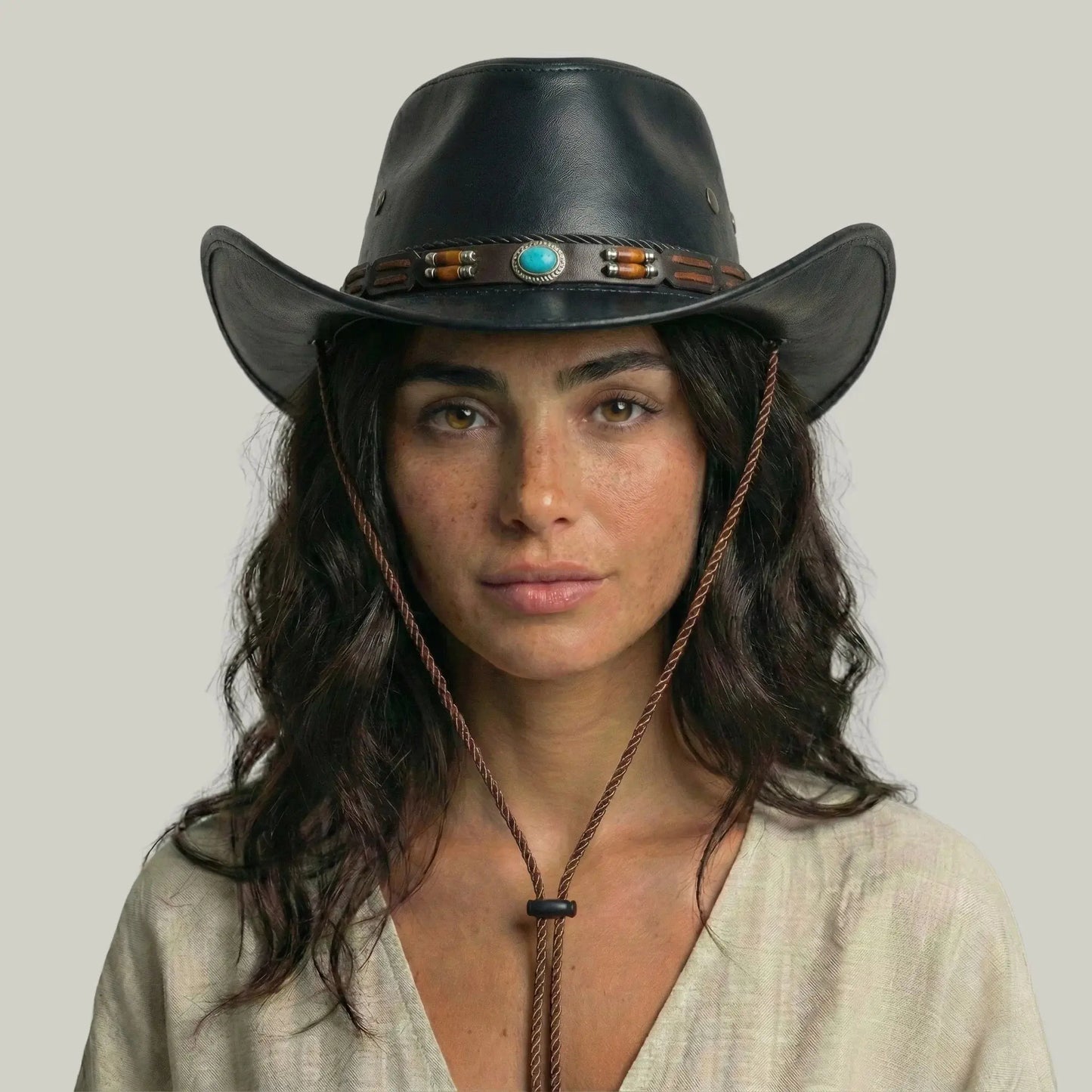 Chapeau Cowboy Noir Mixte Cuir Perles Turquoise Maison Shelby