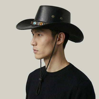 Chapeau Cowboy Noir Mixte Cuir Perles Turquoise Maison Shelby