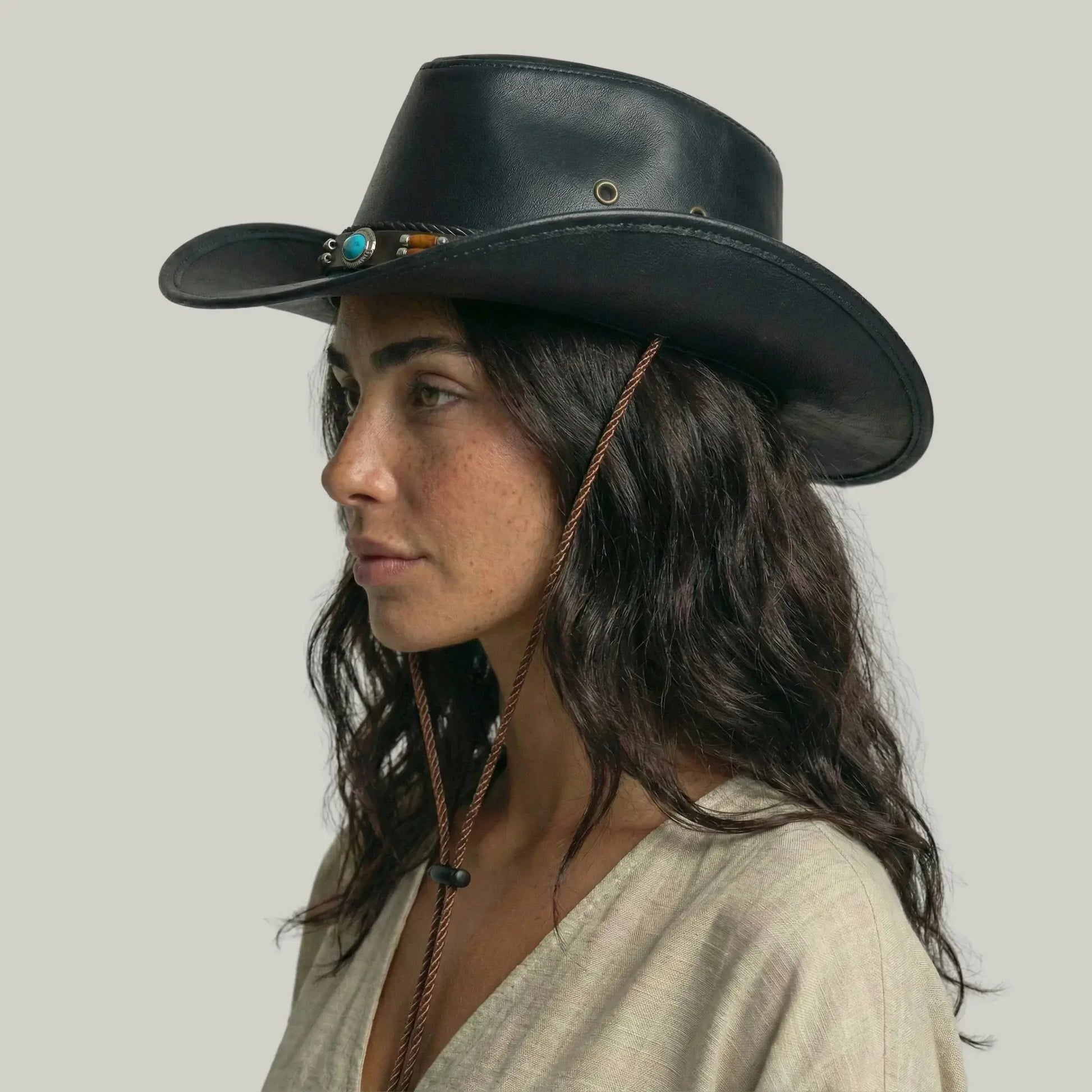 Chapeau Cowboy Noir Mixte Cuir Perles Turquoise Maison Shelby