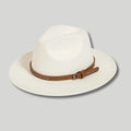 Chapeau Fedora Homme Blanc–Lanière Cuir Cognac