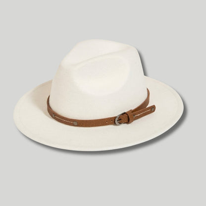 Chapeau Fedora Homme Blanc – Lanière Cuir Cognac