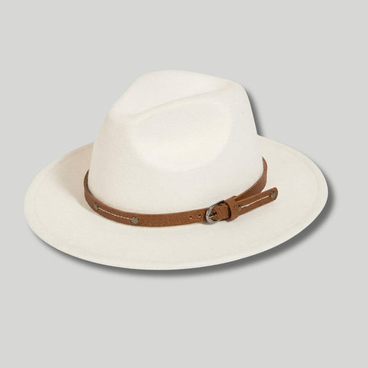 Chapeau Fedora Homme Blanc – Lanière Cuir Cognac