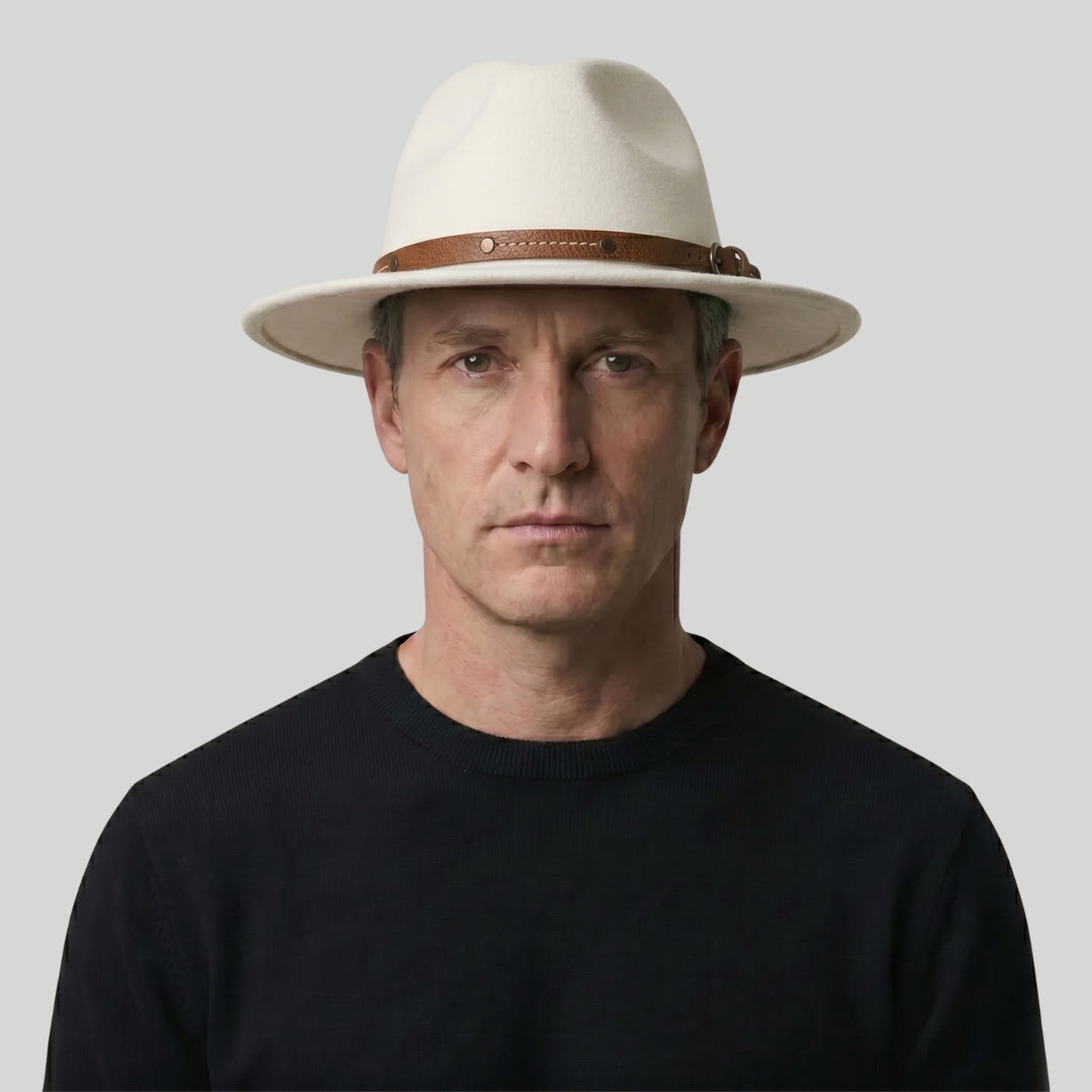 Chapeau Fedora Homme Blanc – Lanière Cuir Cognac