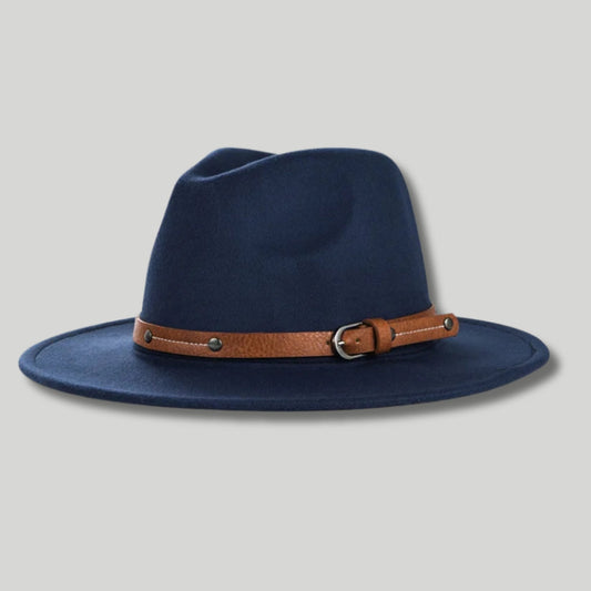 Chapeau Fedora Homme Bleu Marine – Lanière Cuir Cognac
