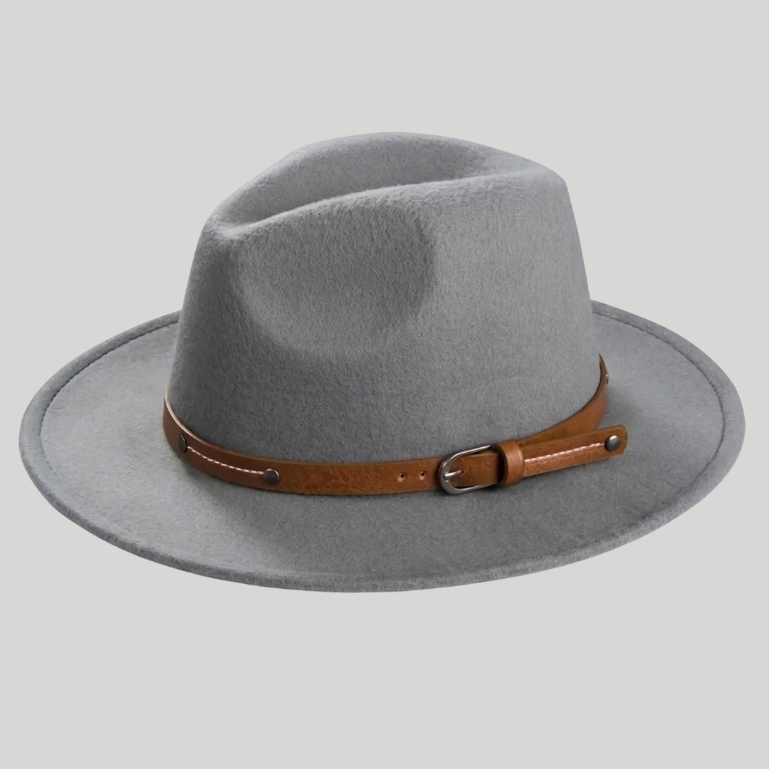 Chapeau Fedora Homme Gris – Lanière Cuir Cognac