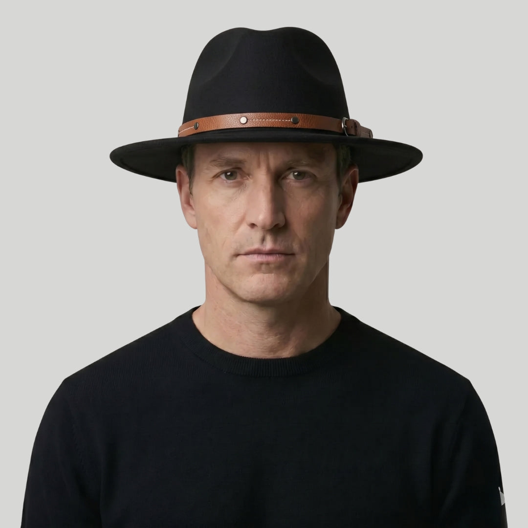 Chapeau Fedora Homme Noir – Lanière Cuir Cognac