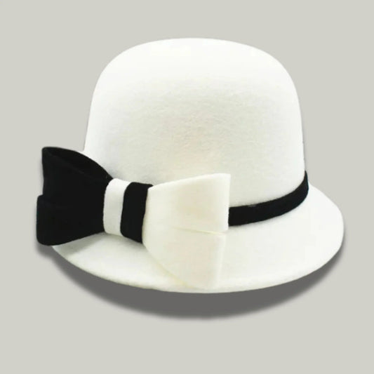 Chapeau Melon Femme Blanc – Nœud Bicolore Cérémonie