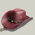 Chapeau Cowboy Bordeaux Cuir–Cordon Perles Bohème