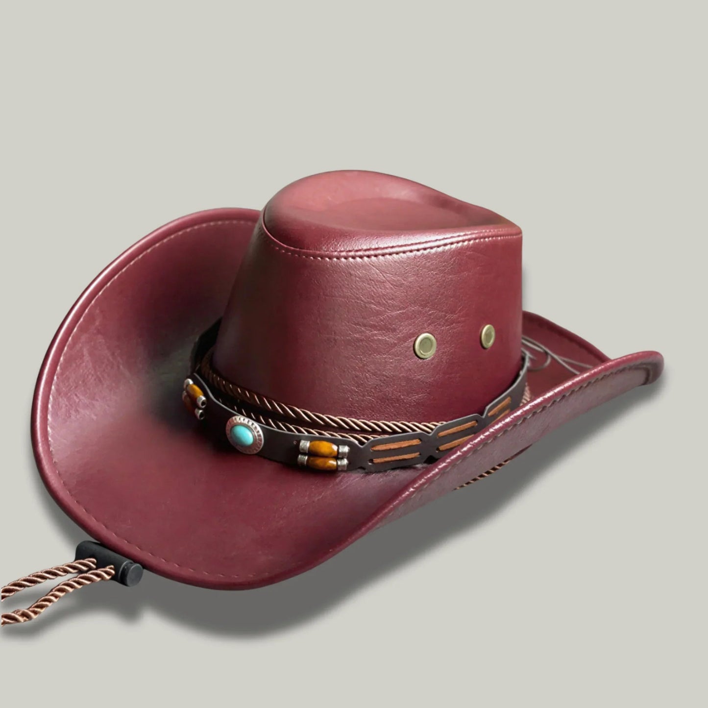 Chapeau de Cowboy Bordeaux Cuir – Cordon Perles Bohème