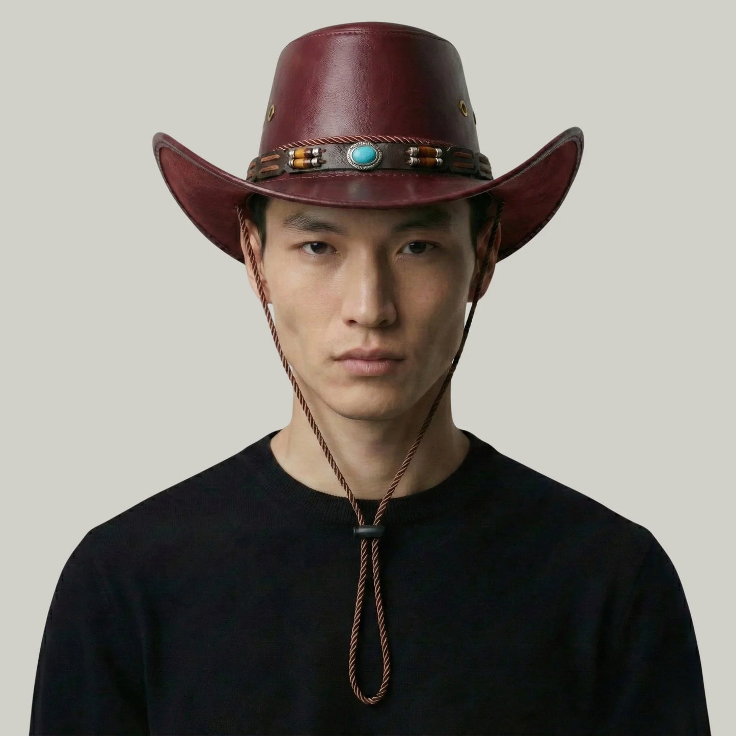 Chapeau de Cowboy Bordeaux Cuir – Cordon Perles Bohème