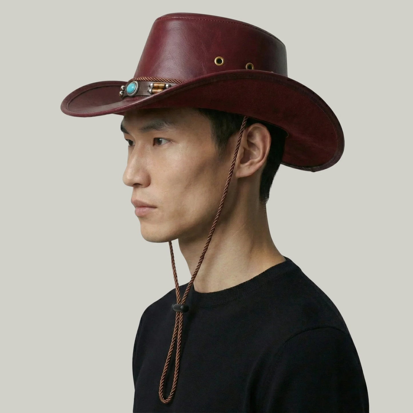 Chapeau de Cowboy Bordeaux Cuir – Cordon Perles Bohème