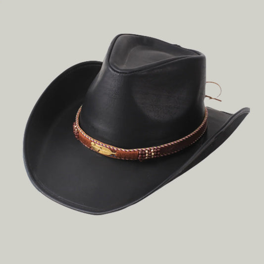 Chapeau de Cowboy Noir – Cordon Tressé Multicolore Texas